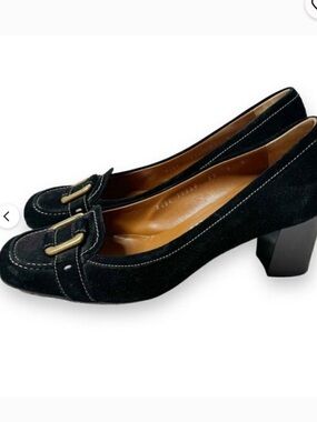 Salvatore Ferragamo Black Suede Block Heel Pumps with Gold Accent
